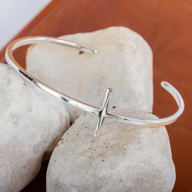 Contemporary Cross Minimalist Sterling Silver Handmade Cross Cuff Bracelet