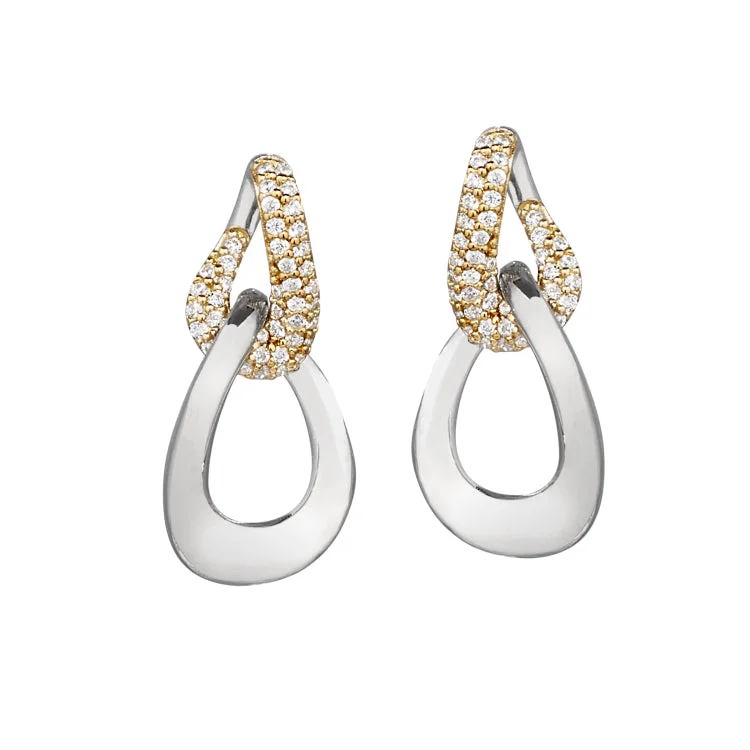 Platinum Finish and Gold Vermeil Sterling Silver Micropave Interlocking Teardrops  Earrings with Simulated  Diamonds