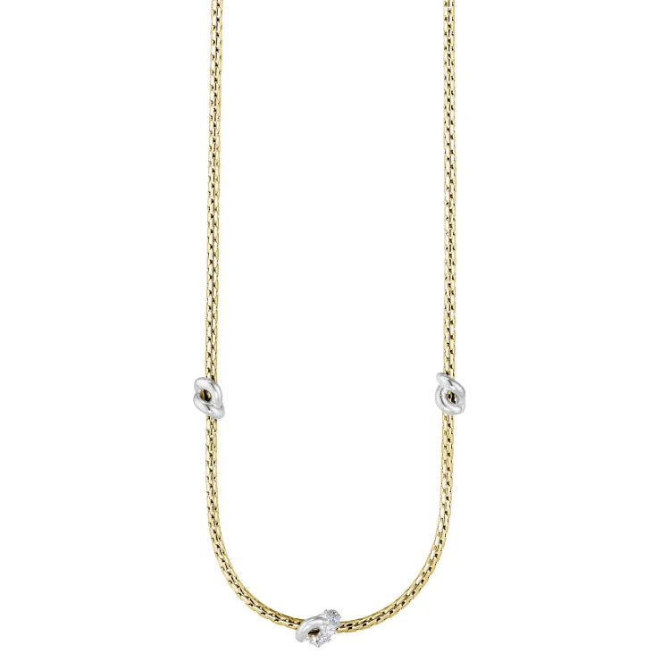 Gold Finish Sterling Silver Corean Cable Necklace with 3 Rhodium Finish Knots with Simulated Diamonds on the Center Knot