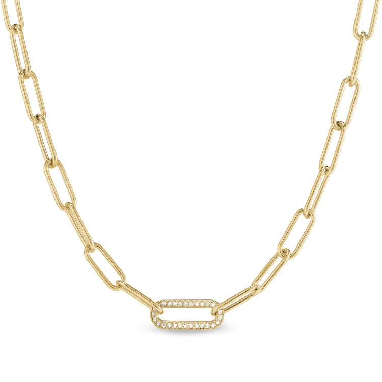 Gold Finish Sterling Silver Micropave 16" Paper Clip Necklace with a Single Link with Simulated Diamonds