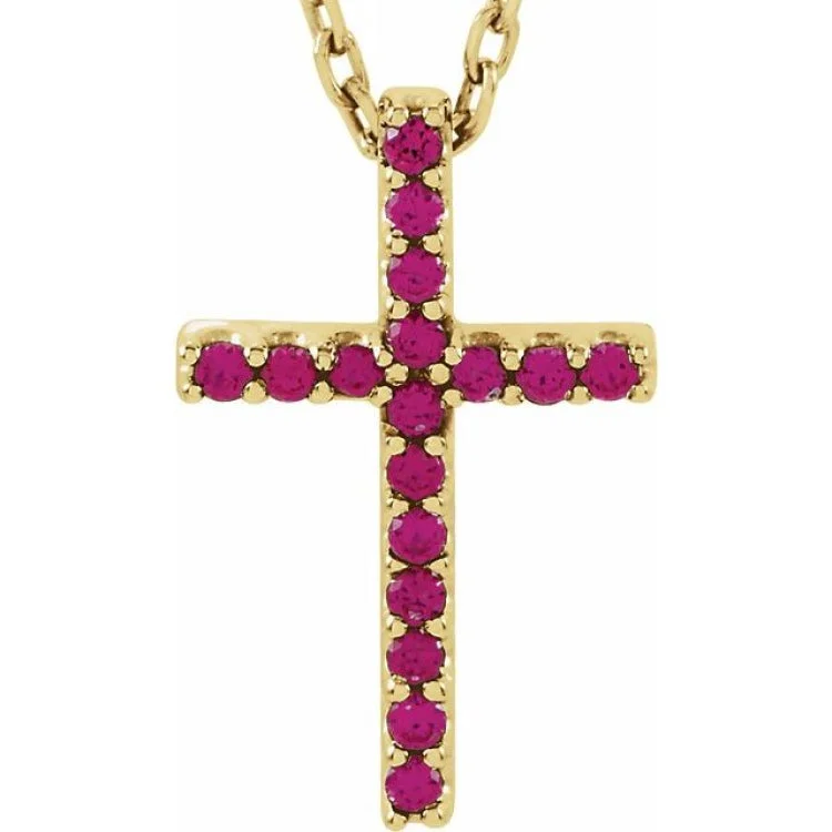 14K Yellow Natural Ruby Petite Cross 16" Necklace