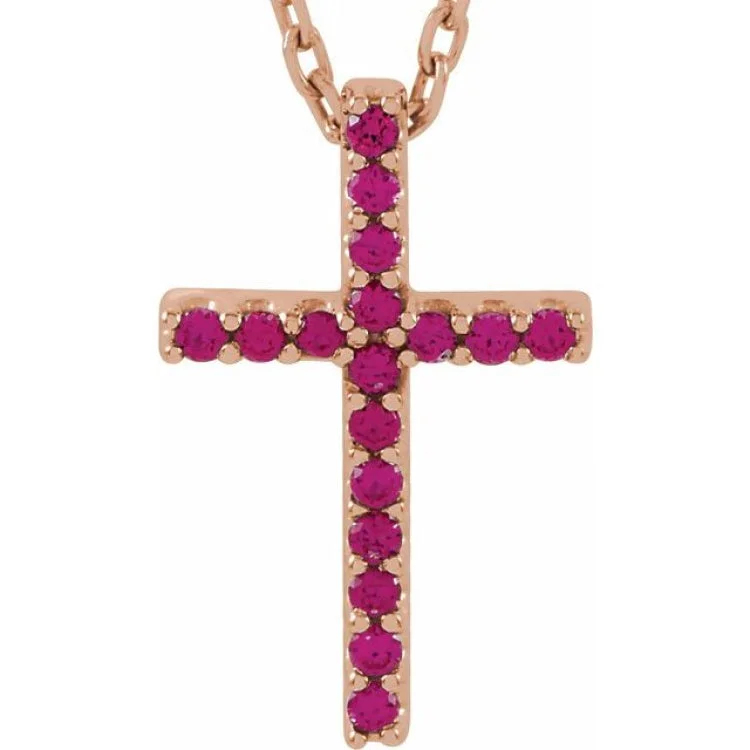 14K Rose Natural Ruby Petite Cross 16" Necklace