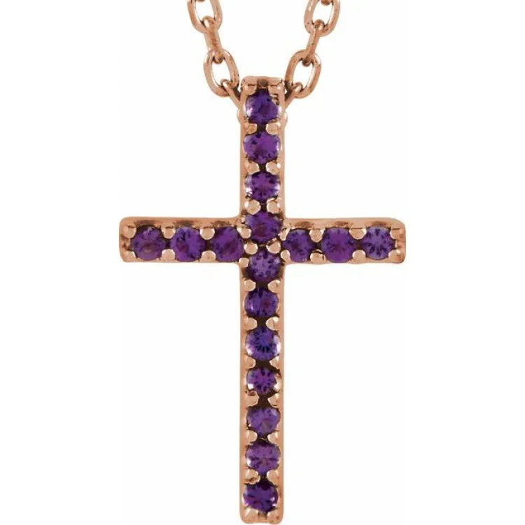 14K Rose Natural Amethyst Petite Cross 16" Necklace