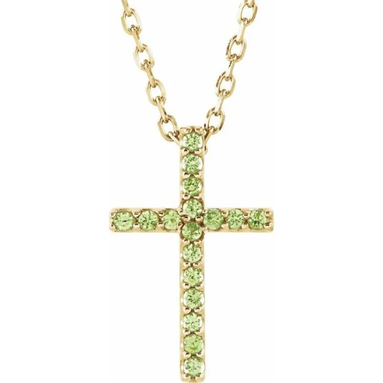 14K Yellow Natural Peridot Petite Cross 16" Necklace