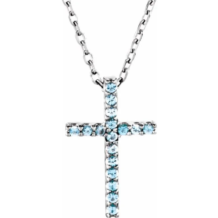 14K White Natural Aquamarine Petite Cross 16" Necklace