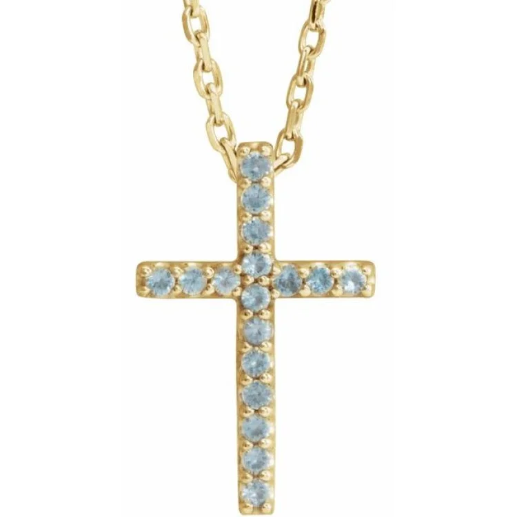 14K Yellow Natural Swiss Blue Topaz Petite Cross 16" Necklace