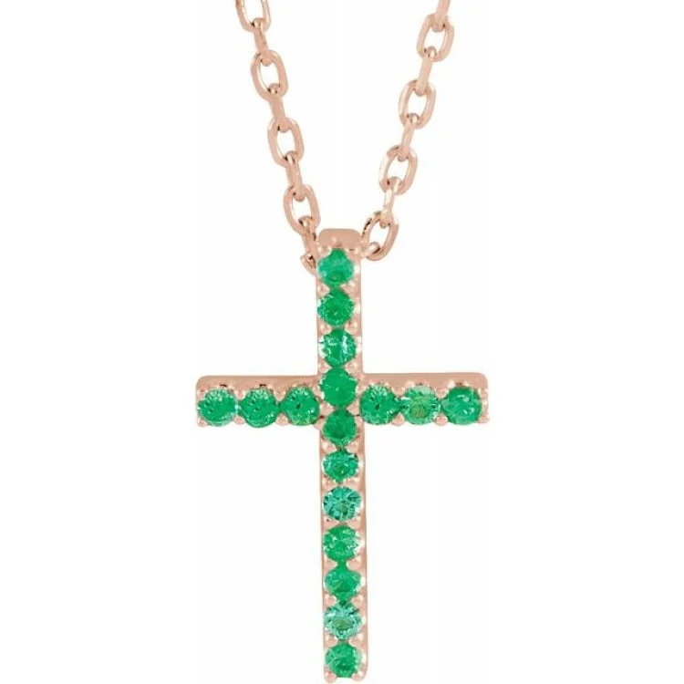 14K Rose Natural Emerald Petite Cross 16" Necklace