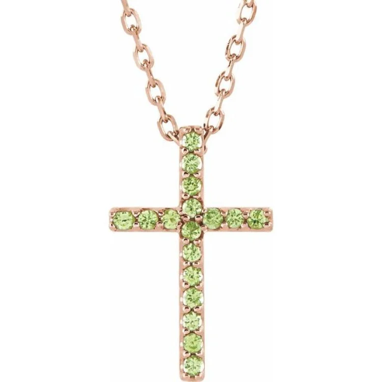 14K Rose Natural Peridot Petite Cross 16" Necklace