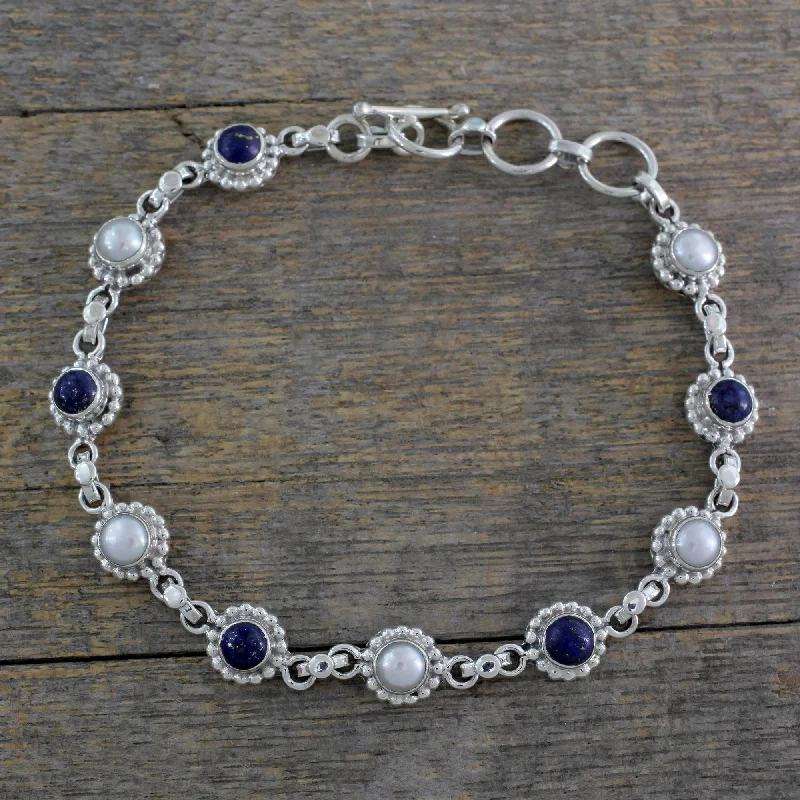 Petite Flowers Cultured Pearl Floral Bracelet in Silver with Lapis Lazuli