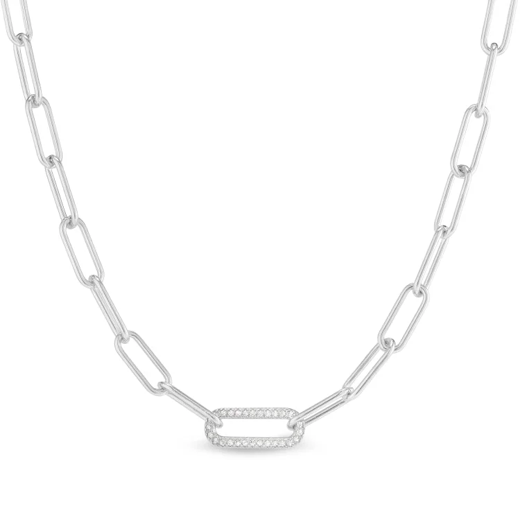 Platinum Finish Sterling Silver Micropave 16" Paper Clip Necklace with a Single Link with Simulated Diamonds