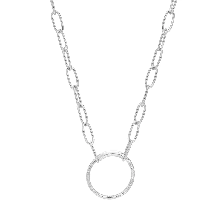 Rhodium Finish Sterling Silver 20" Paper Clip Necklace with Center Circle Station