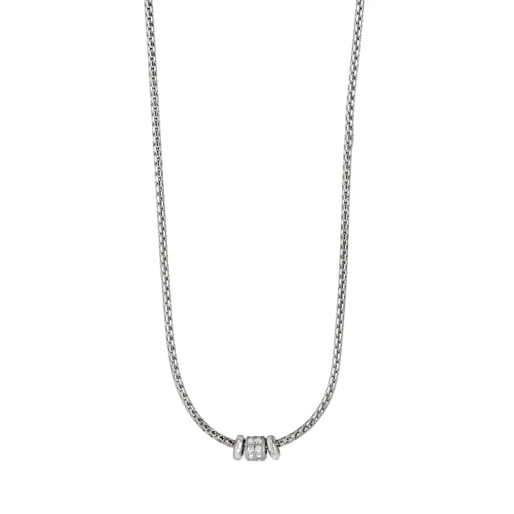 Rhodium Finish Sterling Silver Corean Cable Necklace with a Barrell with Simulated Diamonds - Adjustable 16"-18"