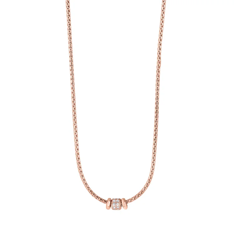 Rose Gold Finish Sterling Silver Corean Cable Necklace with a Barrell with Simulated Diamonds - Adjustable 16"-18"