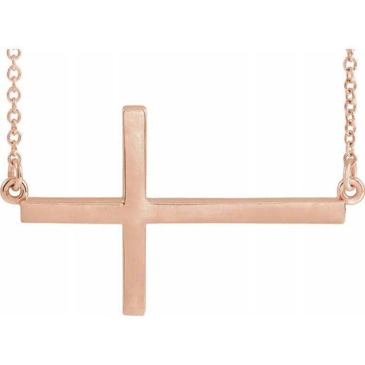 14K Rose 28x16.2 mm Sideways Cross 16-18" Necklace