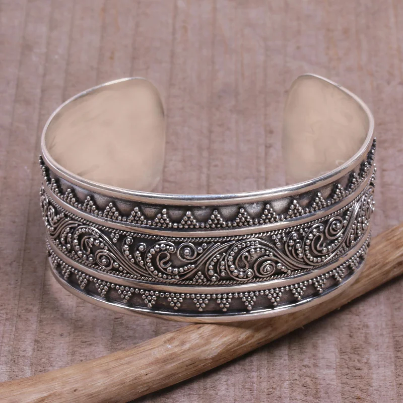 Swirling Temple Sterling Silver Swirl Motif Cuff Bracelet from Bali