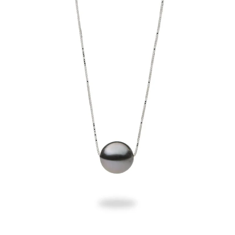 16-18" Adjustable Tahitian Black Pearl Necklace in White Gold - 9-10mm