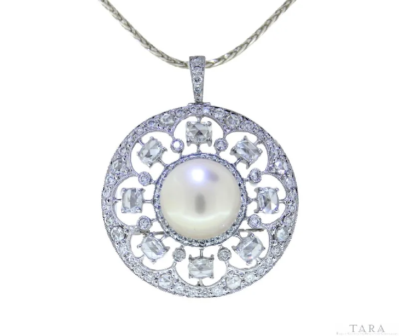 Tara 11-12mm Open Work White South Sea Pearl and Diamond Pin/Pendant