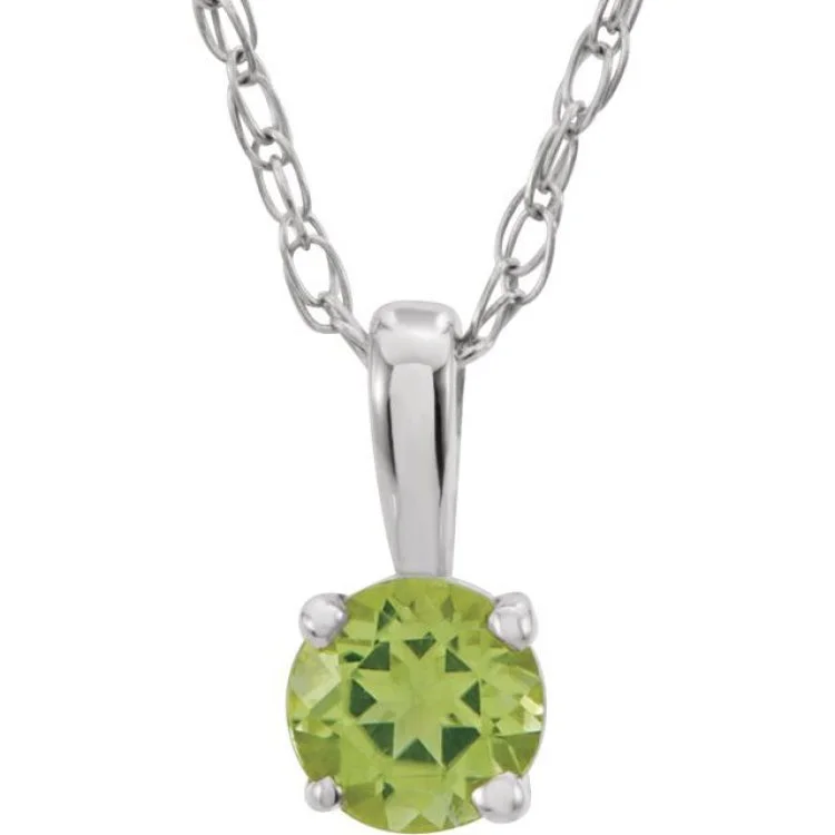 14K White 3 mm Natural Peridot Youth Solitaire 14" Necklace